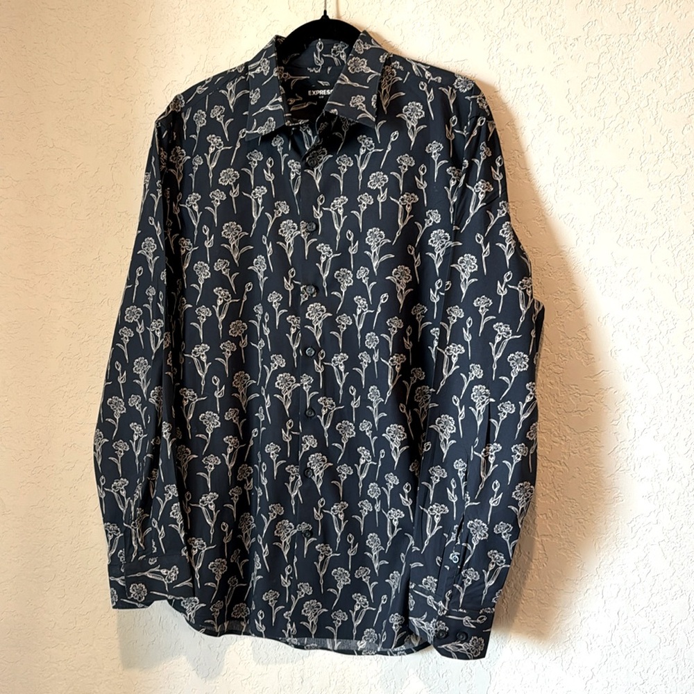 Express Men's Navy Blue Floral Slim Fit Dress Shirt | Size L | Work/Formal